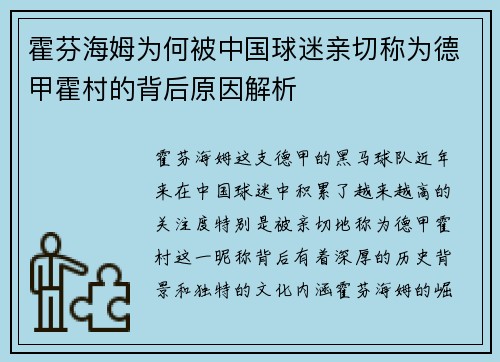 霍芬海姆为何被中国球迷亲切称为德甲霍村的背后原因解析